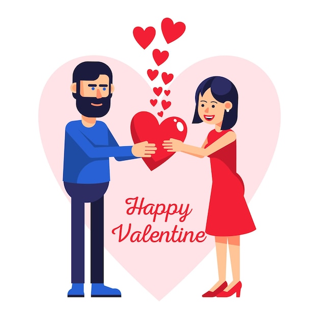 Valentines Day card. Man woman and red heart shape. Vector cartoon illustration