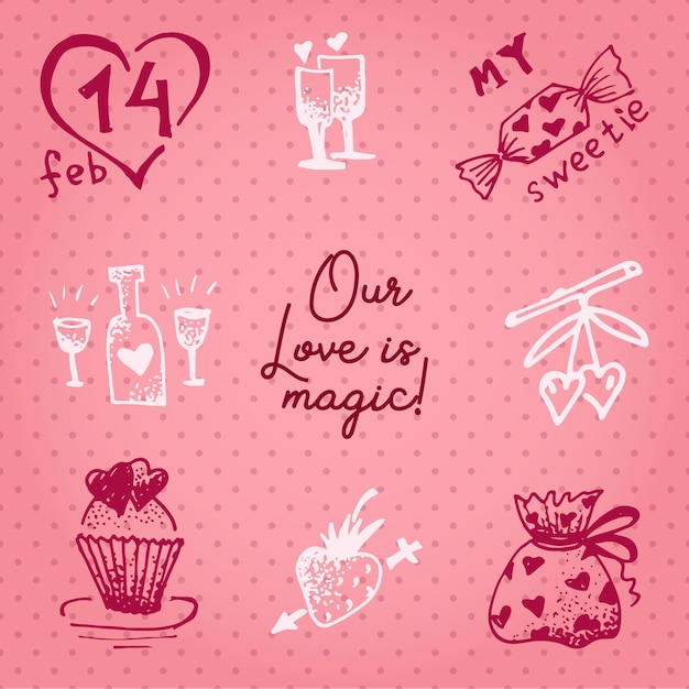 발렌타인 데이 카드 또는 초대장 오순절 동기 부여 텍스트 우리의 사랑은 마법입니다 결혼식 개념 인사말 카드 포스터 배너 디자인 요소 사랑 분홍색 배경