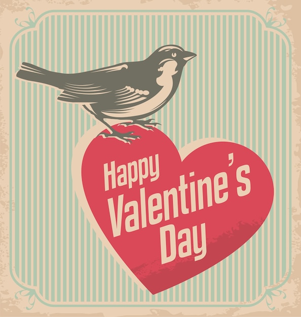 Vettore modello di carta di san valentino con forma di uccello e cuore carino