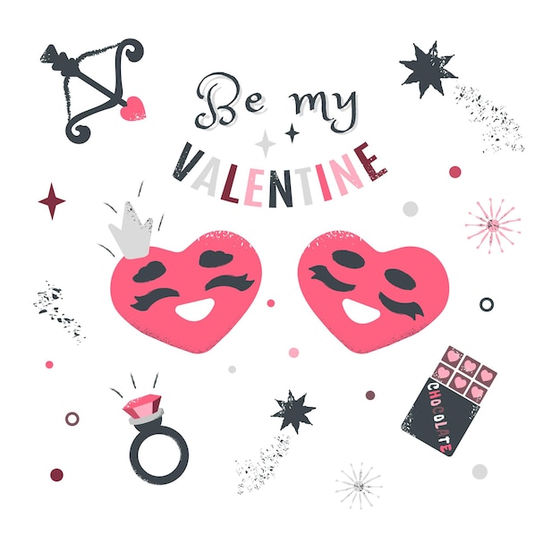 バレンタインの日カード 2 つの幸せな笑みを浮かべて心漫画スタイルのかわいい文字愛とレタリングについての要素カードの招待状のトレンディなデザイン結婚式の挨拶ベクトル イラスト