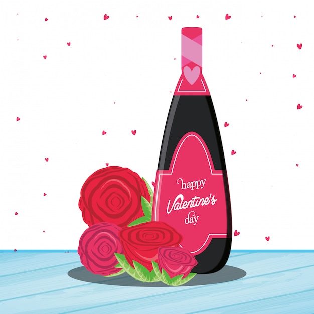 Valentines day card with bottle wine and roses