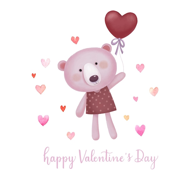 Valentines day card with cute bear holding red heart shaped balloon.