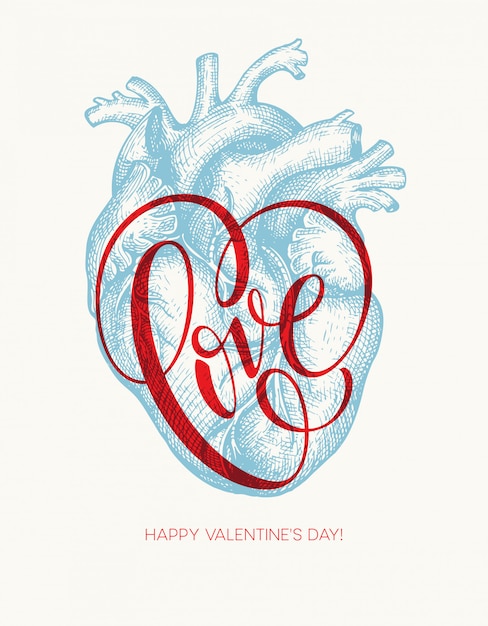 Carta di san valentino con cuore umano e lettere d'amore. illustrazione vettoriale