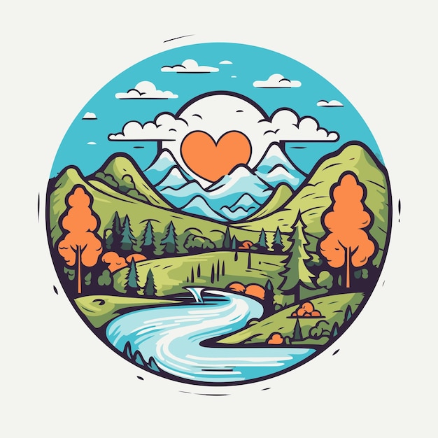 ベクトル バレンタインデーカード山の風景と川のベクトルイラスト
