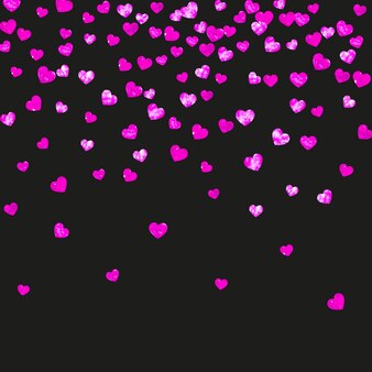 Biglietto di san valentino con cuori glitter rosa. 14 febbraio. coriandoli di vettore per modello di carta di san valentino. struttura disegnata a mano di lerciume. tema d'amore per volantino, offerta speciale per affari, promo.