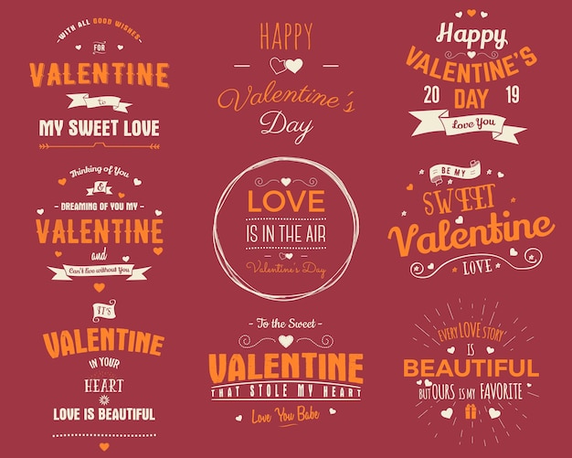 발렌타인 데이 카드 컬렉션입니다. 휴일 스크랩북, 기프트 카드, 티셔츠, 기타 인쇄물을 위한 타이포그래피 오버레이 디자인 요소입니다. 스톡 벡터 엠 블 럼 빨간색 배경에 고립입니다.
