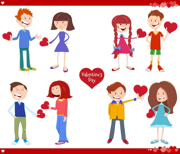 Vector valentines day cartoon illustration love set with girls and boys