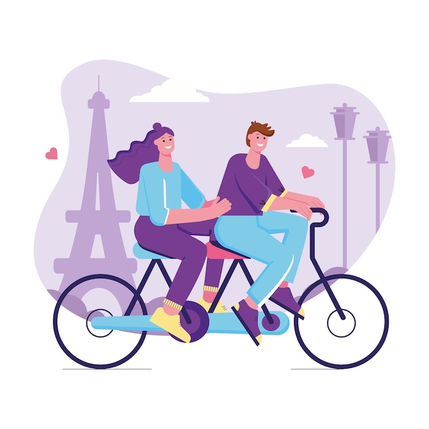 Vettore concetto piatto moderno di celebrazione di san valentino. amare l'uomo e la donna che guidano la bicicletta in tandem. coppia innamorata ad un appuntamento in vacanza romantica. illustrazione vettoriale con scena di persone per il design di banner web