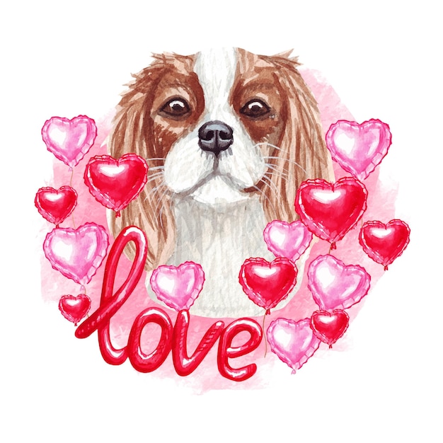 Vector valentines day charles spaniel dog with hearts and love. watercolor illustration.