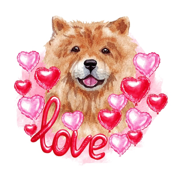 Vettore san valentino chow chow cane con amore e cuori. illustrazione sveglia del cucciolo dell'amante del cane.