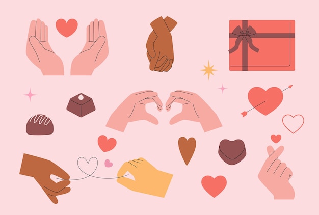 Valentines day a collection of hand gestures expressing love and couples chocolates hearts and gifts