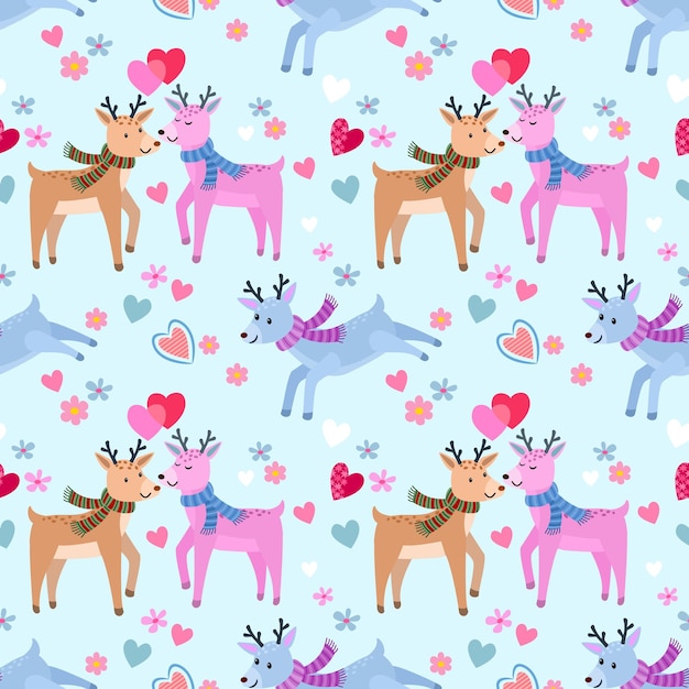 Vector valentines day con cept cute deer with heart shape and gift seamless pattern