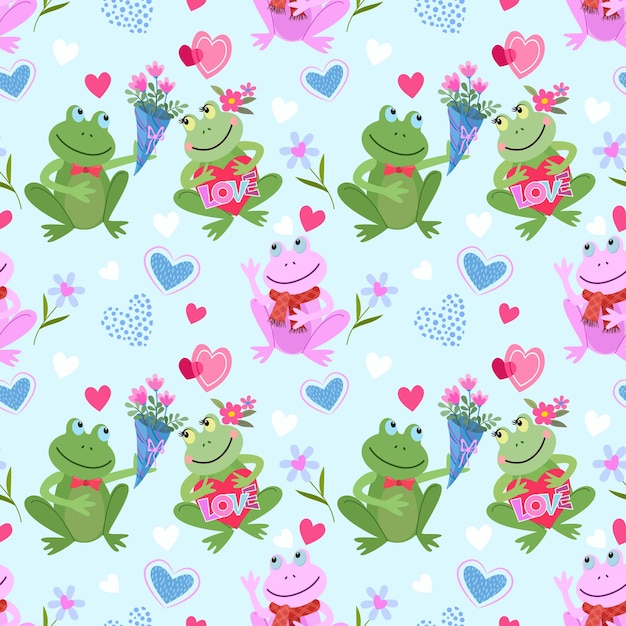 Vector valentines day concept cute frog with heart shape seamless pattern