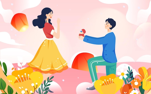 Vector valentines day couple on date, background with flowers and hearts, vector illustration