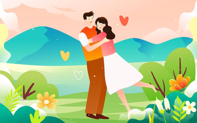 Пара на день святого валентина на свидании, фон с сердечками и цветами, векторная иллюстрация