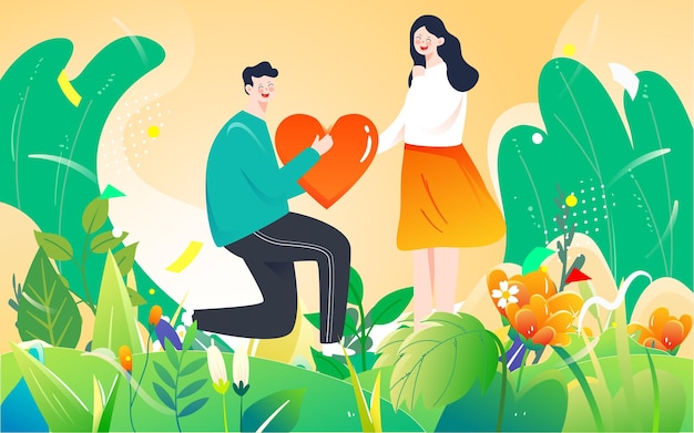 Vector valentines day couple romantic proposal illustration spring lovers dating poster