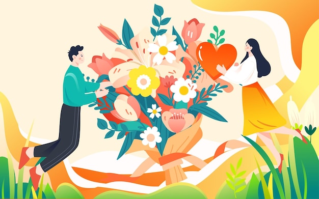 valentines day couple sending flowers illustration spring lovers flowers event poster