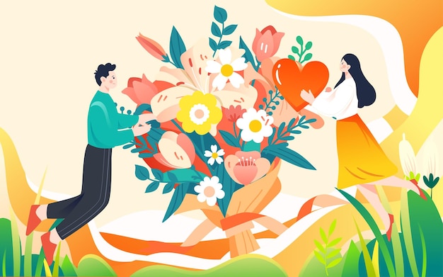 Valentines day couple sending flowers illustration spring lovers flowers event poster