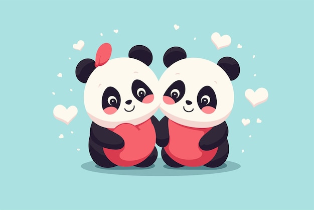 Il giorno di san valentino, una bella coppia di panda, illustrazione vettoriale.