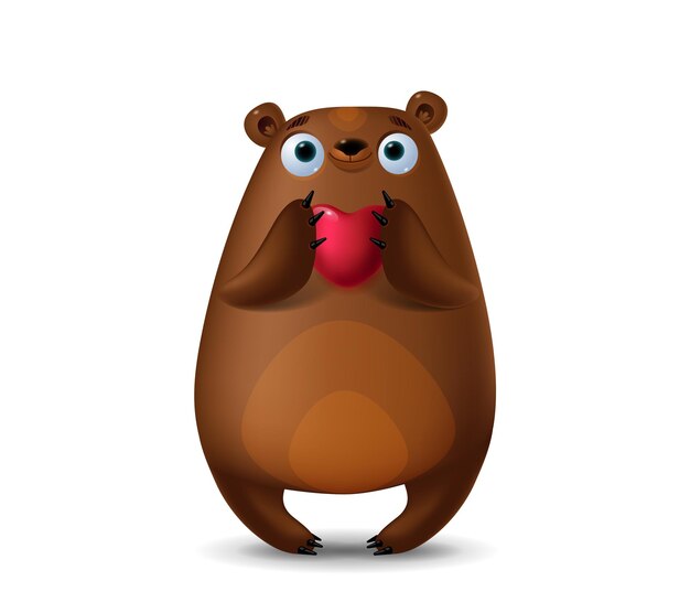 Valentines Day cute realistic bear with heart. 14 february greeting gift postcard. Colorful illustration isolated on white background. 