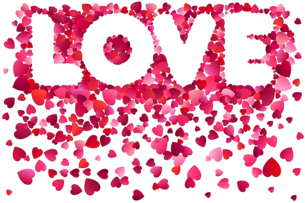 Valentines day. Decorative word LOVE background with many flying valentines hearts.