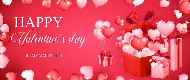 Design per san valentino palloncini a forma di cuore volano fuori da scatole regalo realistiche sfondo romantico