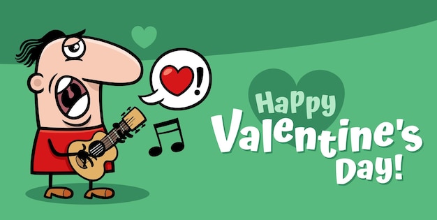 Valentines day design with cartoon guy playing the guitar