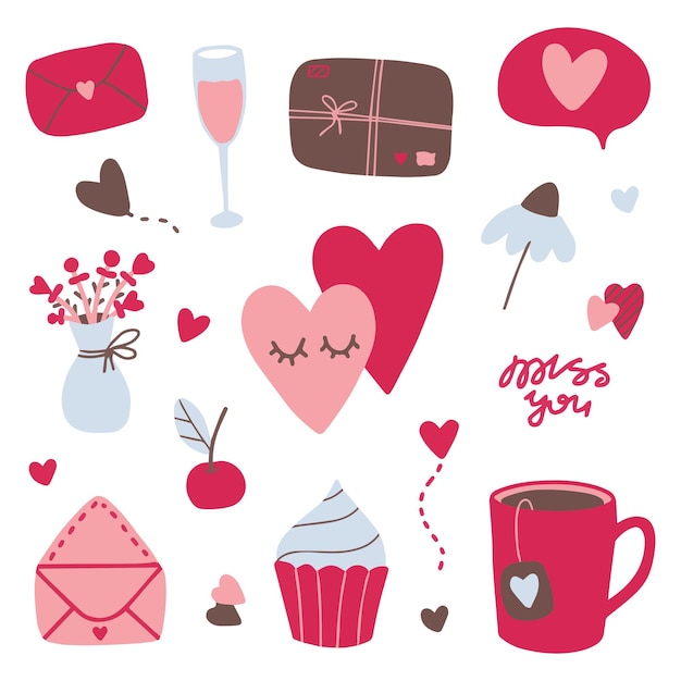 Valentines day doodle set, objects for concept and design, vector illustration flat.