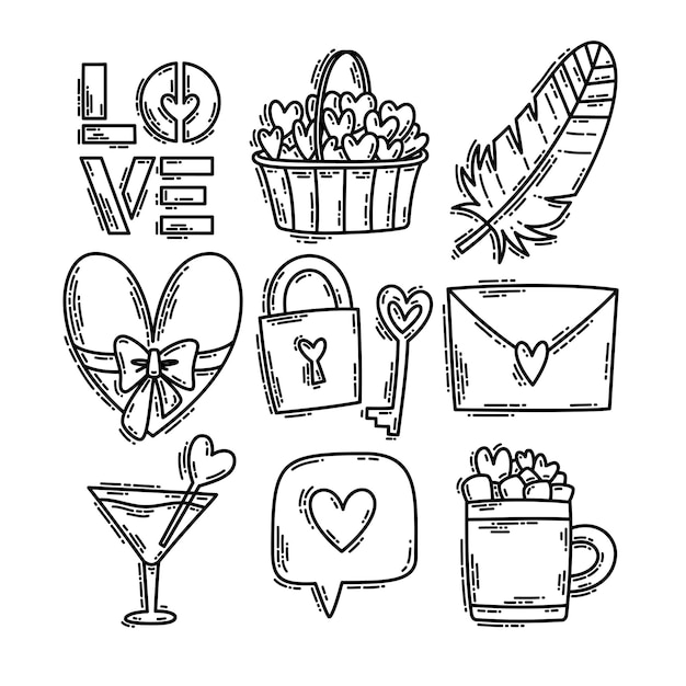 Valentines day doodle style handdrawn icon set with simple engraving retro effect romantic mood cute love symbols and elements collection