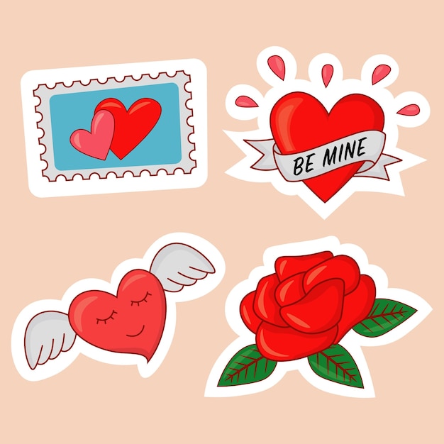 Vector valentines day drawn stickers consists of flying heart rose post mark and heart with inscription