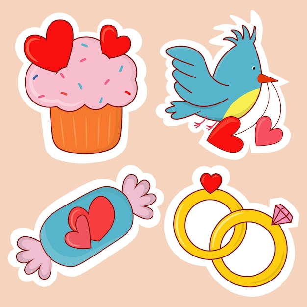 バレンタインデーの描かれたステッカーは、ケーキの鳥のキャンディーとリングで構成されています