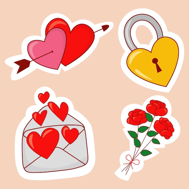 Valentines day drawn stickers consists of two hearts with an arrow love lock envelope with hearts and bouquet of roses