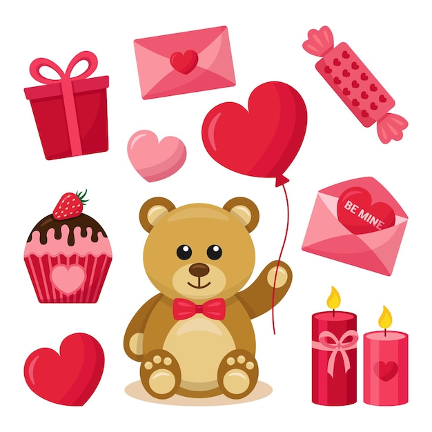 Vector valentines day element collection with teddy bear