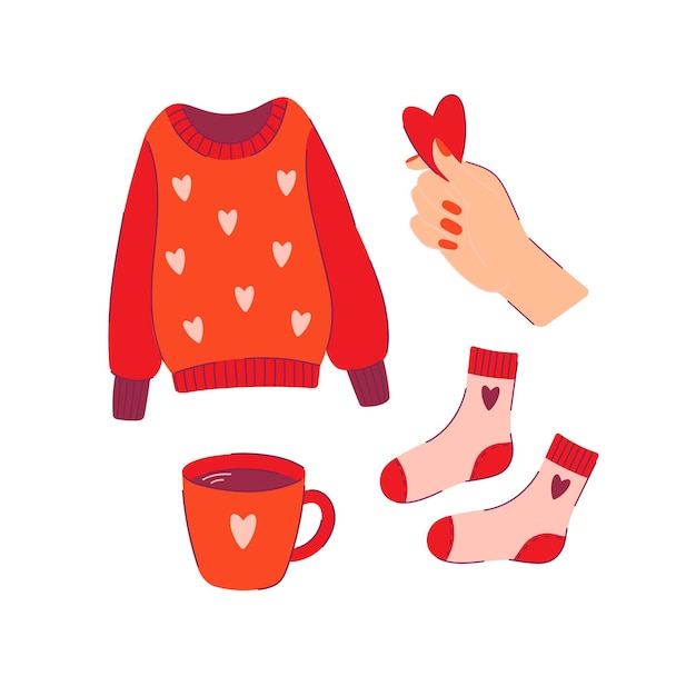 Vettore set di elementi per il giorno di san valentino pullover con cuori tazza di caffè calzini mano che tiene un cuore di san valentino