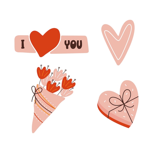 Set di disegni di elementi per san valentino collezione di clipart piatte di san valentino vacanze di simboli d'amore in stile carino con fiori torta e cuore illustrazioni vettoriali stock