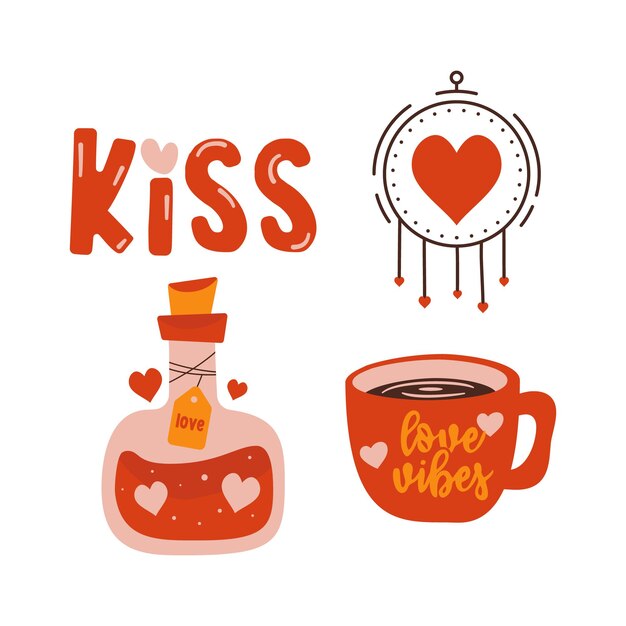 Vector valentines day elements designs set valentine flat clipart collection with love elixir coffee cup and dreamcatcher holiday of love symbols in cute style stock vector illustrations