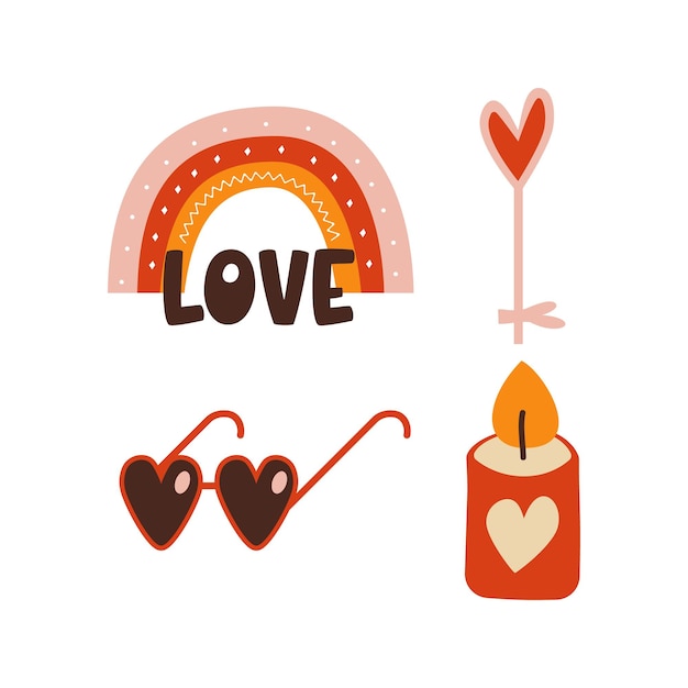Set di disegni di elementi per san valentino collezione di clipart piatte di san valentino con arcobaleno e occhiali da sole vacanze di simboli d'amore in stile carino illustrazioni vettoriali stock
