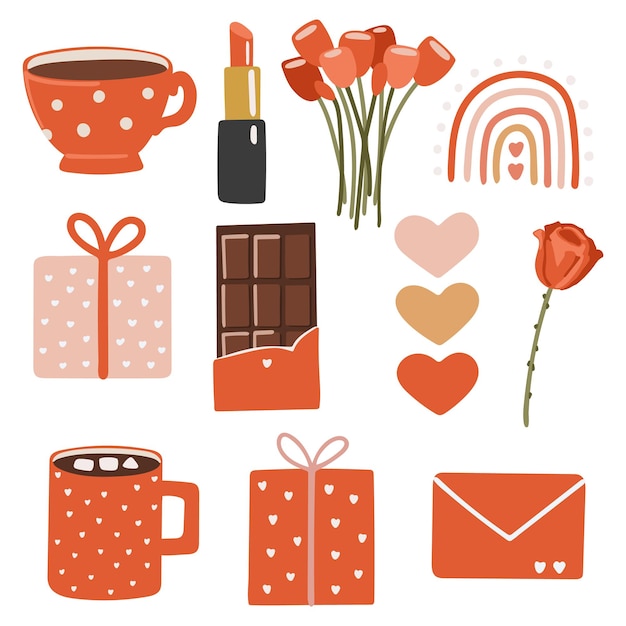 Elementi del giorno di san valentino illustrazione vettoriale dell'arte degli oggetti d'amore design digitale dell'amore articoli per matrimoni