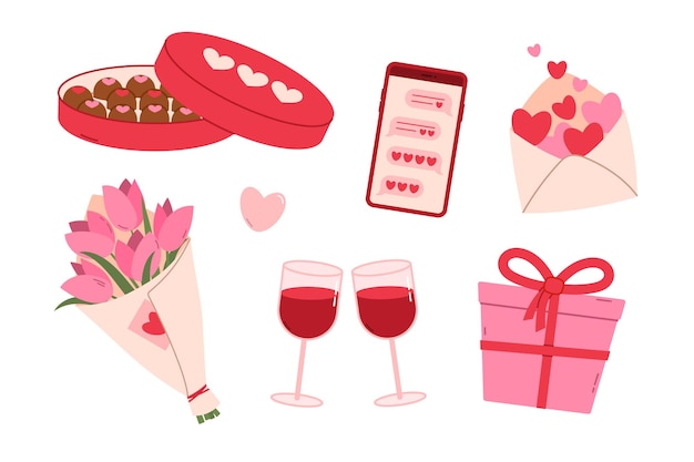 valentines day elements set flat vector isolated illustration