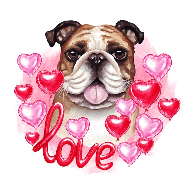 Vector valentines day english bulldog dog with hearts and love. watercolor illustration.