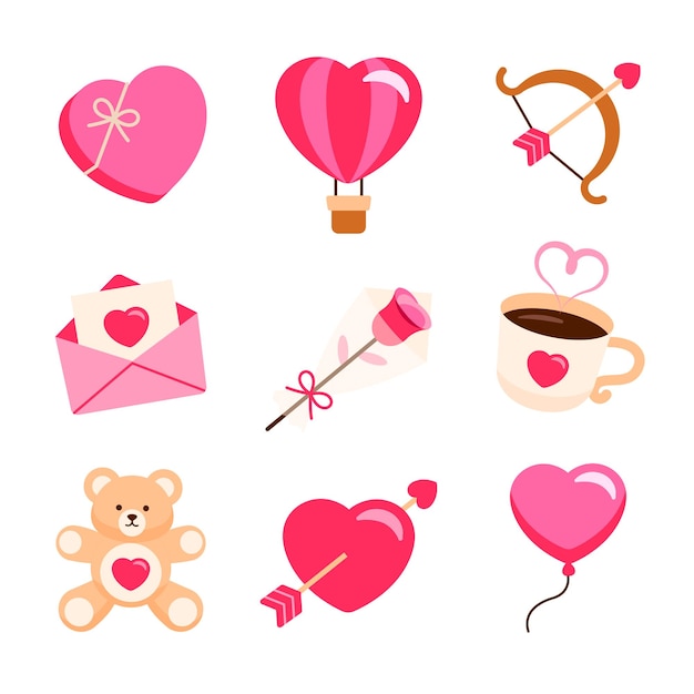 Valentines day flat design elements icons set and sticker Cute cartoon vector illustration eps