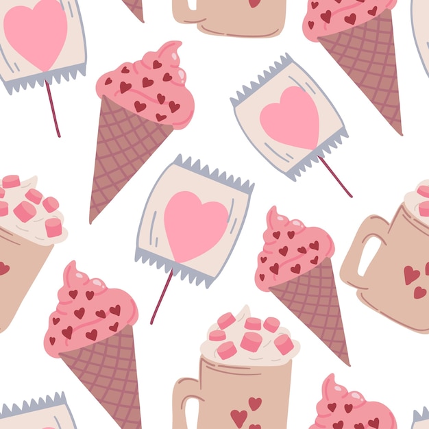 Vector valentines day flat design seamless pattern with ice cream candies and mug