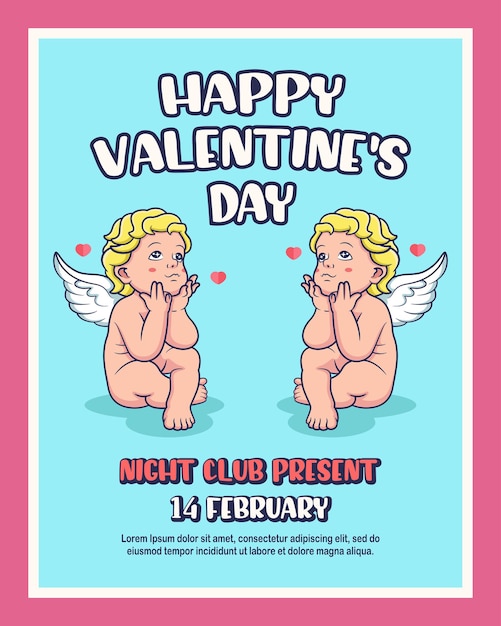 Vector valentines day flayer with cupid cartoon vector icon illustration isolated on premium vector