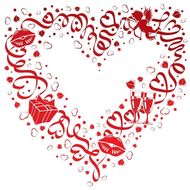 Вектор Рамка дня святого валентина с сердцем, лентой и купидоном, элементом дизайна, векторной иллюстрацией