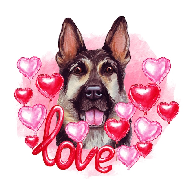 Vector valentines day german shepherd dog with hearts and love. watercolor illustration.