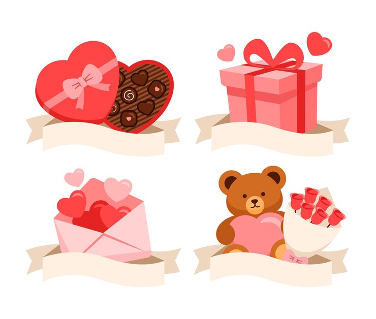 Vector valentines day geschenk set flat design elementen pictogrammen set leuke cartoon vector illustratie eps