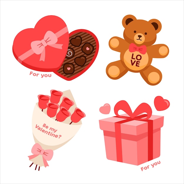 valentines day gift set flat design elements icons set cute cartoon vector illustration eps