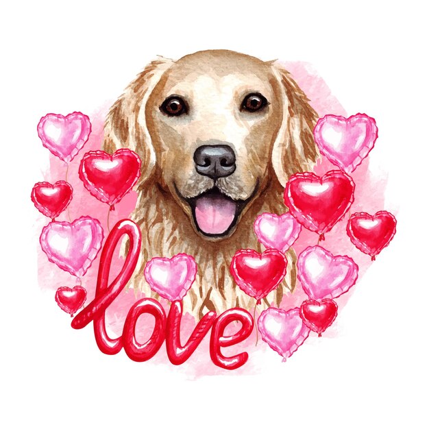 Vector valentines day golden retriever dog with hearts and love. watercolor illustration.