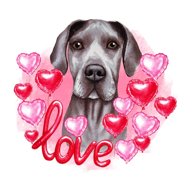 Vector valentines day great dane dog with hearts and love. watercolor illustration.