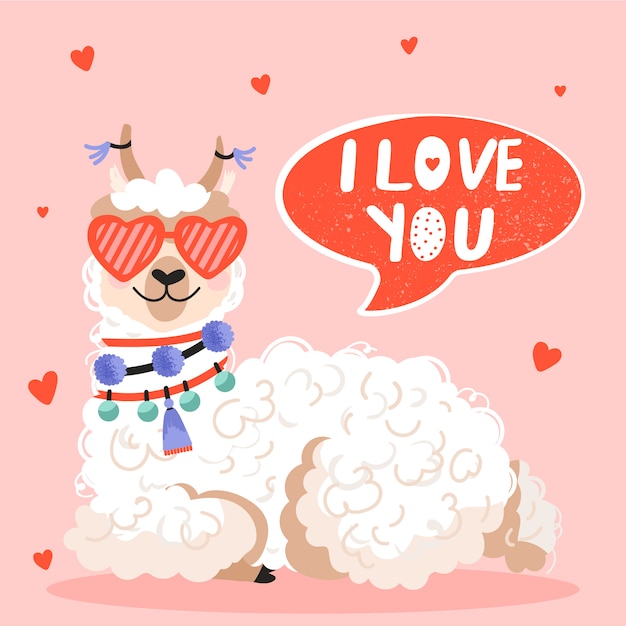 Valentines day greeting card. alpaca with heart shape sunglasses.